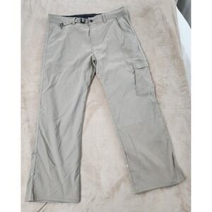 PrAna Zion Pants Mens Lx30 Beige Relaxed Stretch Roll Up Cargo Belted Hiking EUC